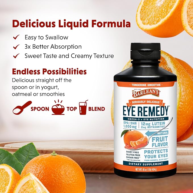 Barlean's Eye Remedy Supplement, Tangerine Flavored Fish Oil Liquid with Lutein, Astaxanthin and Zeaxanthin,1,000mg Omega 3 EPA DHA, Eye Care Supplements, 16 oz