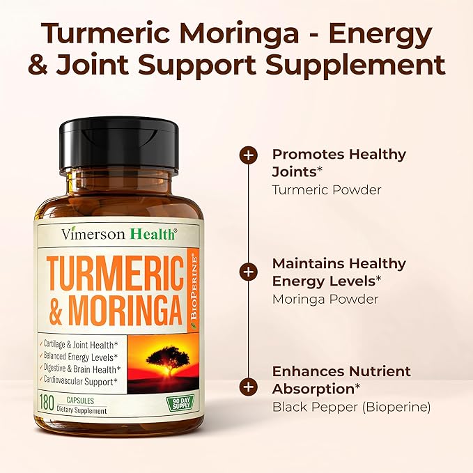 Moringa Turmeric Curcumin Supplement for Joint Health, Gut Health, Energy & Immune Support – Turmeric Curcumin with Black Pepper – Total Wellness Formula with Tumeric Moringa Pure Capsules – 180 Count