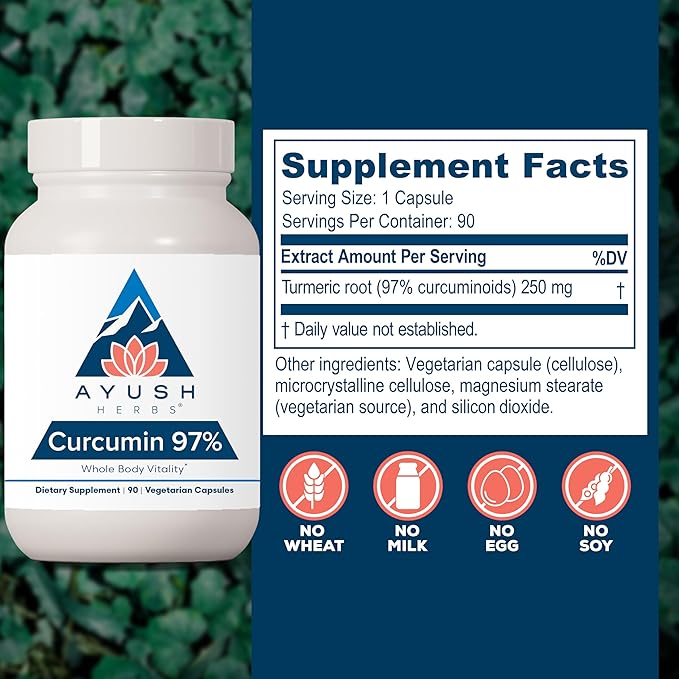 Ayush Herbs Curcumin 97% - Curcumin Supplements, Premium Turmeric Root Supplement, Curcuminoids for Women & Men, Adults, Premium Joint Support, Strength & Vitality - 90 Vegetarian Capsules (1 Count)
