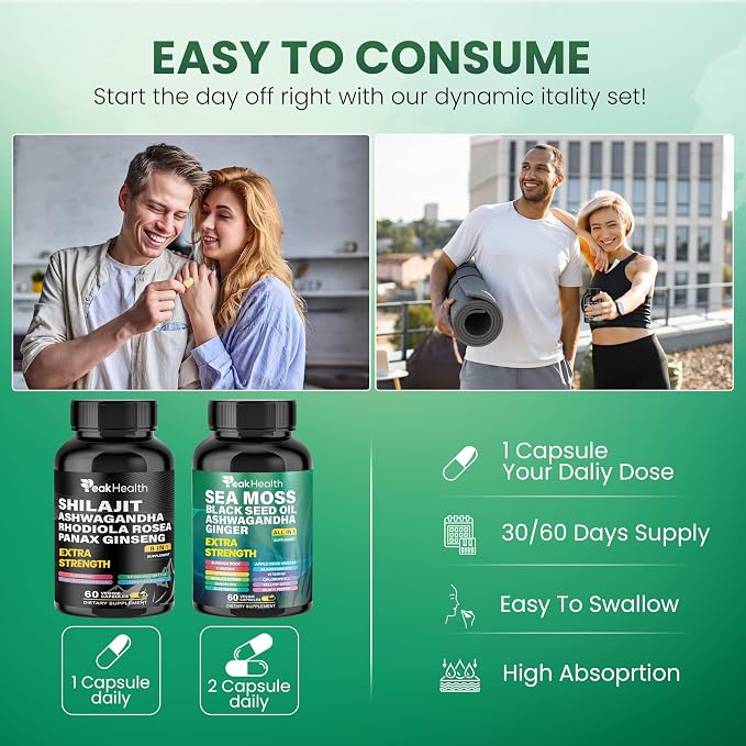 Peakhealth Shilajit Sea Moss Black Seed Oil Ashwagandha Capsules for Man Woman,2 Bottle Combo with Turmeric, Panax Ginseng, Rhodiola,Herbal Formula,Energy & Immune Support, 60 Capsules