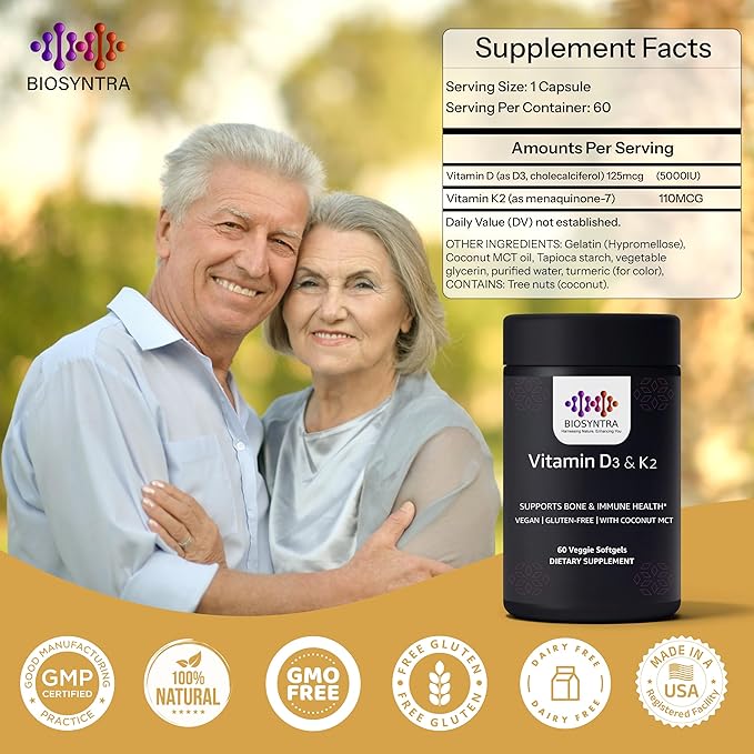Vitamin D3+K2 with Coconut Oil - Vegan Vitamin D 5,000 IU & MK7 Vitamin K 110mcg for Bone, Heart & Immune Support, Non-GMO, Third Party Tested, Soy Free, High Absorption 60 Veggie Softgels
