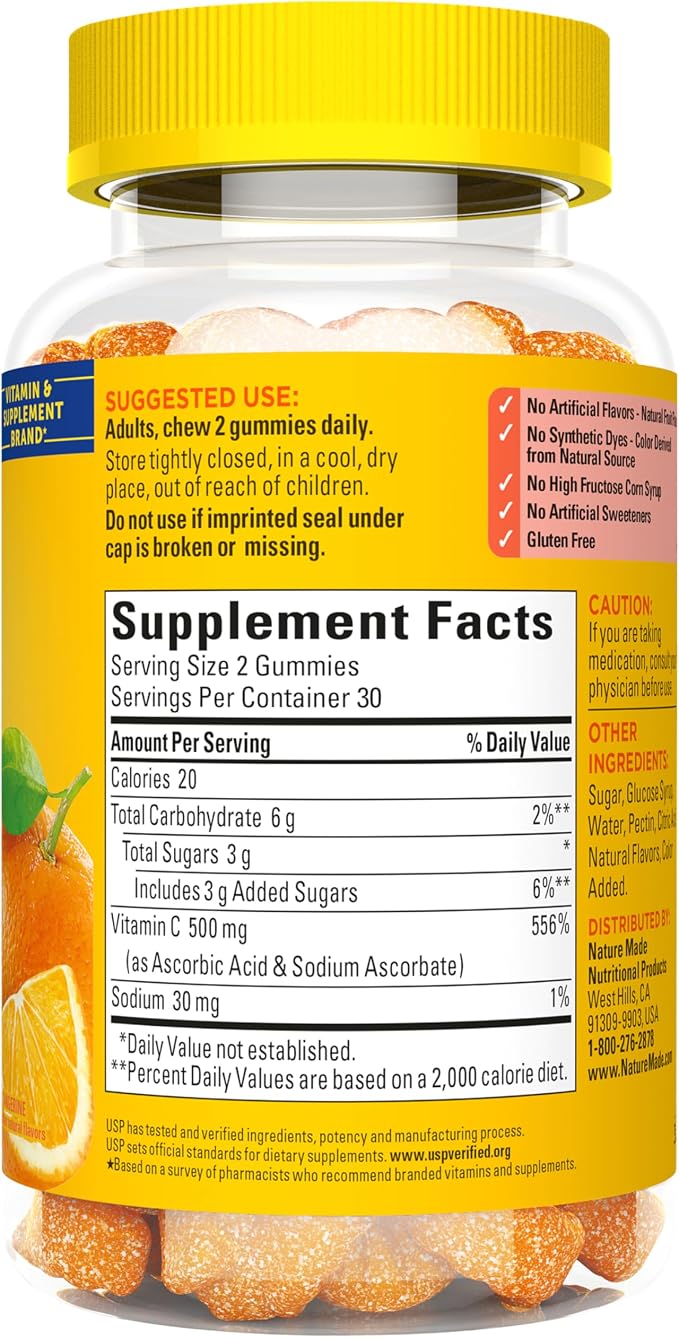 Nature Made Extra Strength Dosage Vitamin C 500 mg per serving, Dietary Supplement, Vitamin C Gummies for Immune Support, 60 Gummies, 30 Day Supply