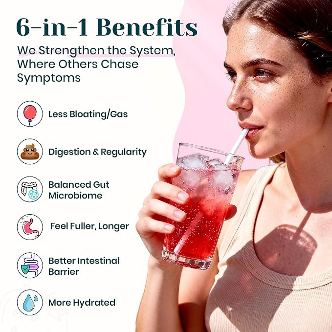 6-in-1 Daily Fiber Powder Supplement, Premium Acacia Fiber for Digestive & Gut Health, Sugar Free, GLP-1 Friendly Fiber Powder with Prebiotic, Probiotics, Collagen Peptides & Electrolytes - For Women
