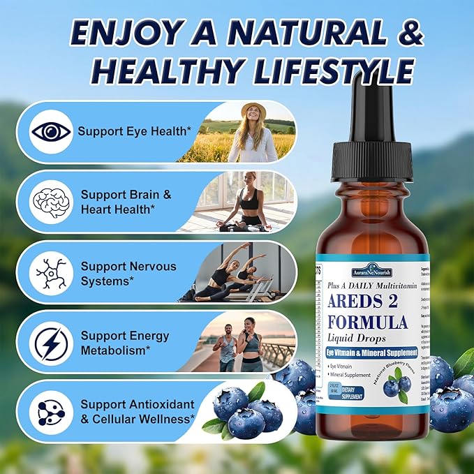 AREDS 2 + Formula Liquid Drops for Macular Health, 22-in-1 Eye Vitamin & Mineral Supplement w. Lutein and Zeaxanthin, Copper, Zinc, Vitamin C, E | Support Vision, Immune & Vitality | Vegan, Non-GMO