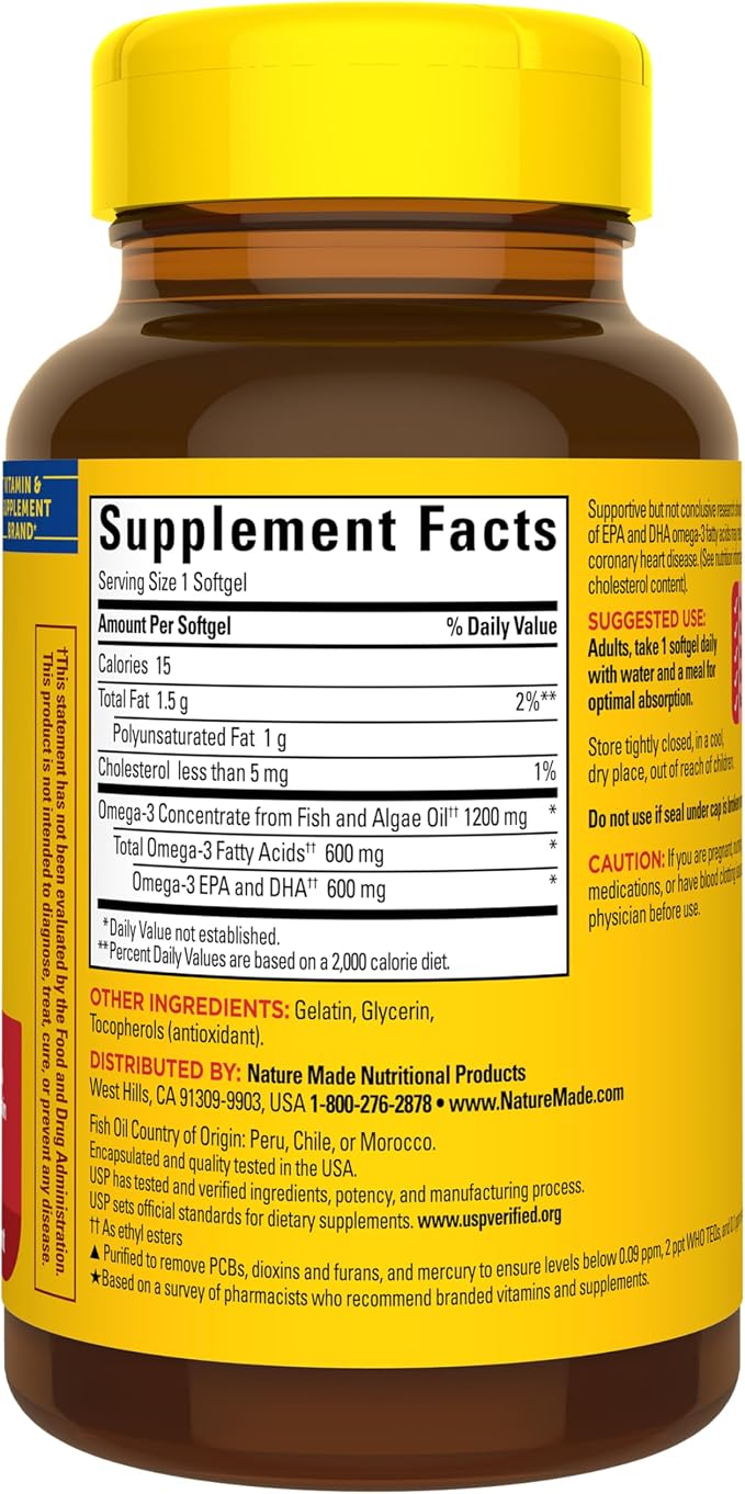 Nature Made Omega 3 Fish Oil and Algae Oil Supplements, 1200mg, Algae Oil & Fish Oil Blend, Omega 3 Supplement for Heart, Brain and Eyes Support, One Per Day, 60 Softgels