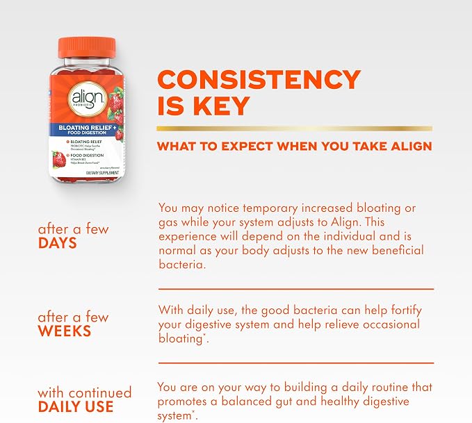Align Probiotic, Bloating Relief + Food Digestion, Probiotics for Women and Men, Probiotic Helps Soothe Occasional Bloating*, With Vitamin B12 to Help Break Down Food into Cellular Energy*,60 Gummies