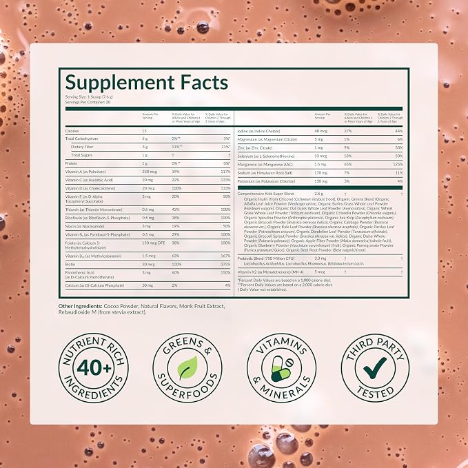 Beam Kids Multivitamin Powder – Kids Vitamins with Greens, Probiotic & Prebiotic, Immune Support for Children & Toddlers, No Artificial Sweeteners, for Picky Eaters, 20 Servings, Chocolate Flavor