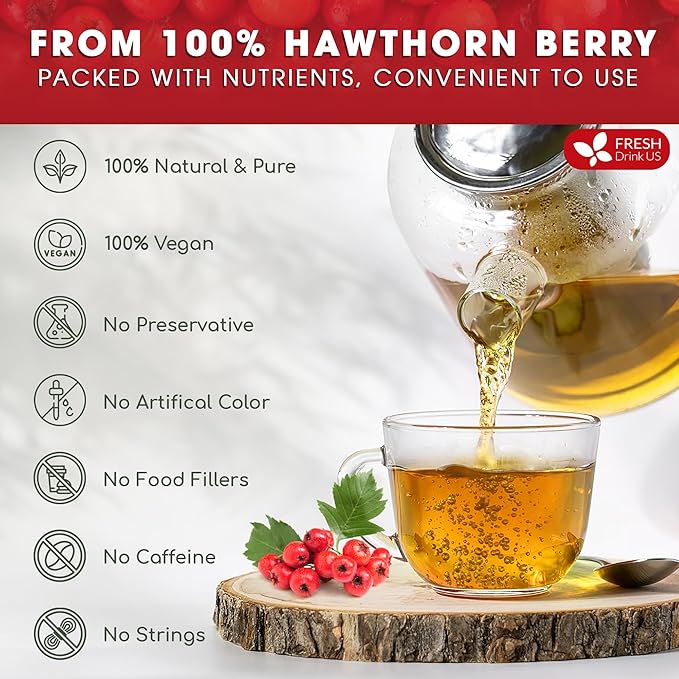 FreshDrinkUS, Premium Hawthorn Berry Tea - 40 Tea Bags - 100% Natural Herbal Infusion, Caffeine-Free, Rich Aroma & Smooth Taste. Vegan