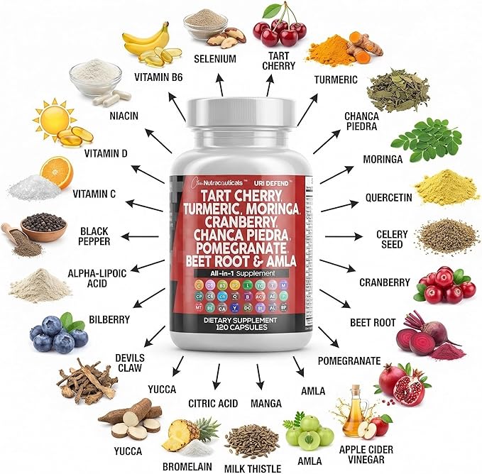 Clean Nutraceuticals Tart Cherry Extract Capsules with Turmeric Moringa Cranberry Chanca Piedra Celery Quercetin ACV Pomegranate L Selenomethionine - Uric Levels - 120 Ct