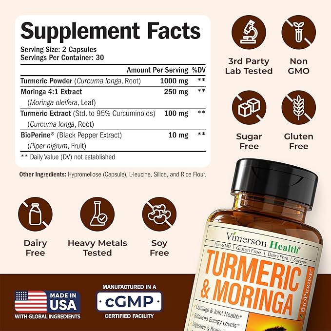 Moringa Turmeric Curcumin Supplement for Joint Health, Gut Health, Energy & Immune Support – Turmeric Curcumin with Black Pepper – Total Wellness Formula with Tumeric Moringa Pure Capsules – 2 Pack