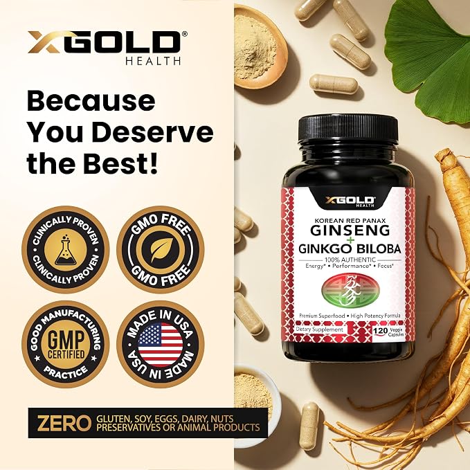 X Gold Health Korean Red Panax Ginseng + Ginkgo Biloba 7% Ginsenosides Extra Strength Energy, Memory, Focus & Brain Support Premium Supplement for Men & Women Non-GMO, 120 Vegan Capsules