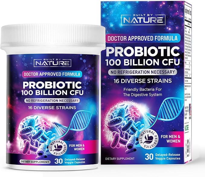 Built by Nature 100 Billion CFU Probiotic – 16 Strains + Prebiotics – Immune & Digestive Support – for Women & Men – Delayed Release Capsules, Shelf Stable – 1 Month Supply - 30 Capsules