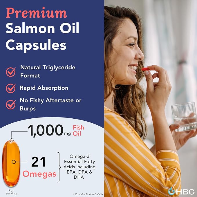 High Strength Omega 3 Fish Oil - 1000mg, Norwegian Salmon Oil with EPA & DHA, No Burping or Aftertaste, Omega 3 Fatty Acids Supplement for Eye, Brain & Heart, Triglyceride Form - 180 Capsules