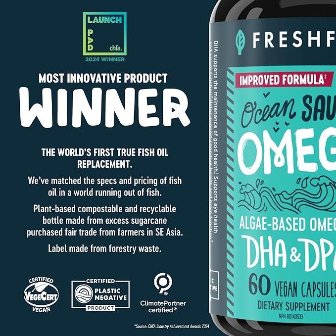 Freshfield Omega 3, DHA Supplements, Potent 1 per Day Formula, Algae (Algal) Oil, Vegan Omega, Ocean Saving Fish Oil Alt, Sustainable, Concentrated DHA per Capsule, w/DPA
