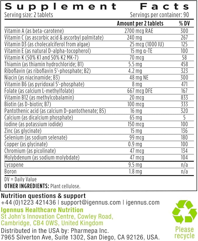 Igennus Methylated Men's Multivitamin with 22 Actives, Added Lycopene for Antioxidant Support, High Potency B12, Sustained Release, Pure & Clean, Non-GMO & Halal, 180 Tablets