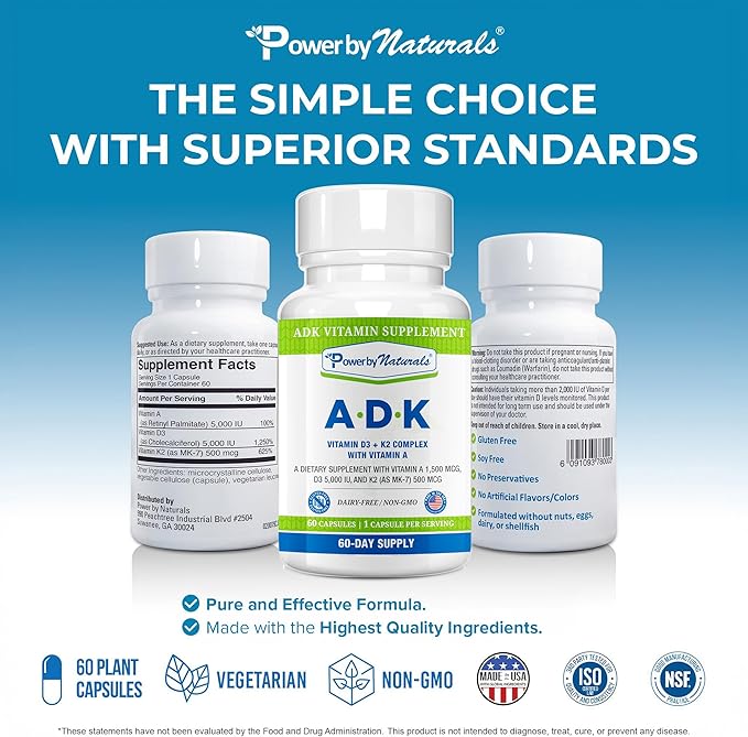 Power By Naturals ADK Vitamin Supplement – Vitamins A, D3 & K2 MK-7 for Bone Health & Calcium Absorption – Gluten-Free, Soy-Free – 60 Capsules (2-Month Supply)