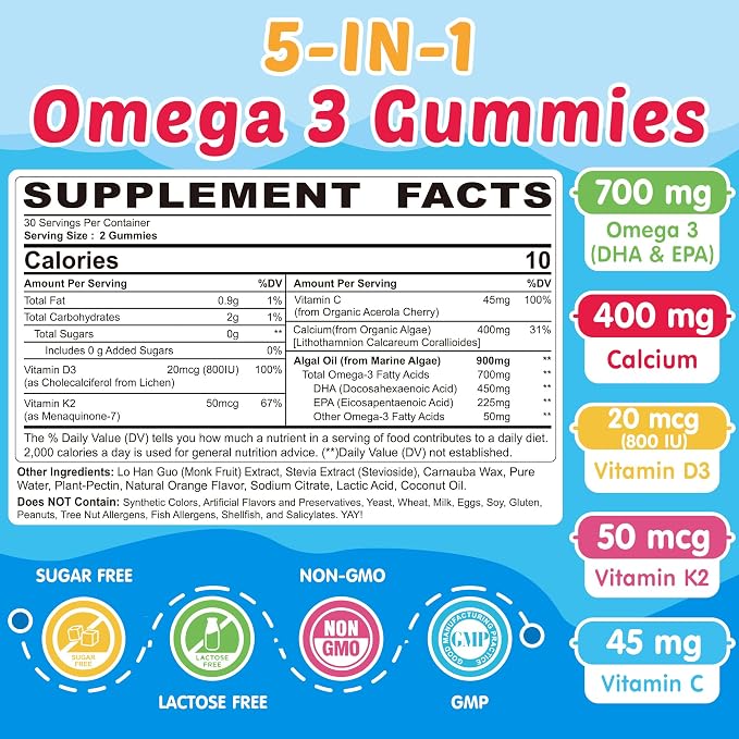 Kids Omega 3 Gummies + Calcium 400mg + Vitamin D3 K2 + C, Omega-3 DHA & EPA Supplement - No Fish Burps, No Sugar - Kids & Teens Omḛga 3 + Multivitamin Gummy for Strong Bones, Brain, Immune, Eye, 2Pack