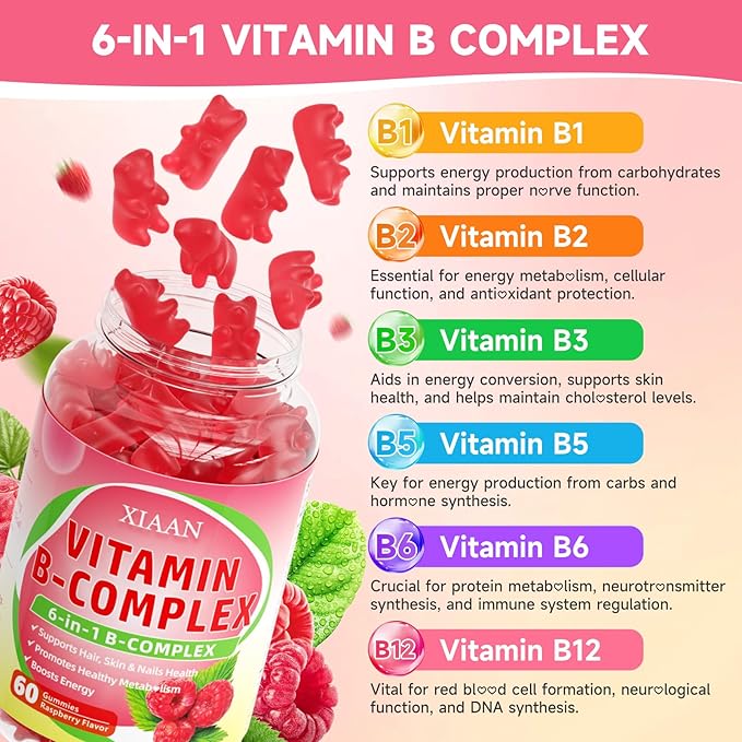 Vitamin B Complex Gummies for Women & Men - Vitamin B12, B1, B2, B3, B5, B6, B-Complex Vitamin Supplements for Energy & Immune Support, Sugar-Free/Vegan, Raspberry Flavor 120 Count