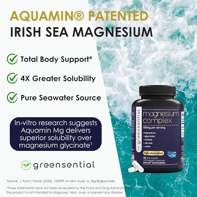 Greensential 5-in-1 Magnesium Complex 500mg | Glycinate, Malate, Citrate, Oxide & Aquamin® | Advanced Sleep, Muscle & Heart Support | Made in USA, Vegan, 120 Capsules