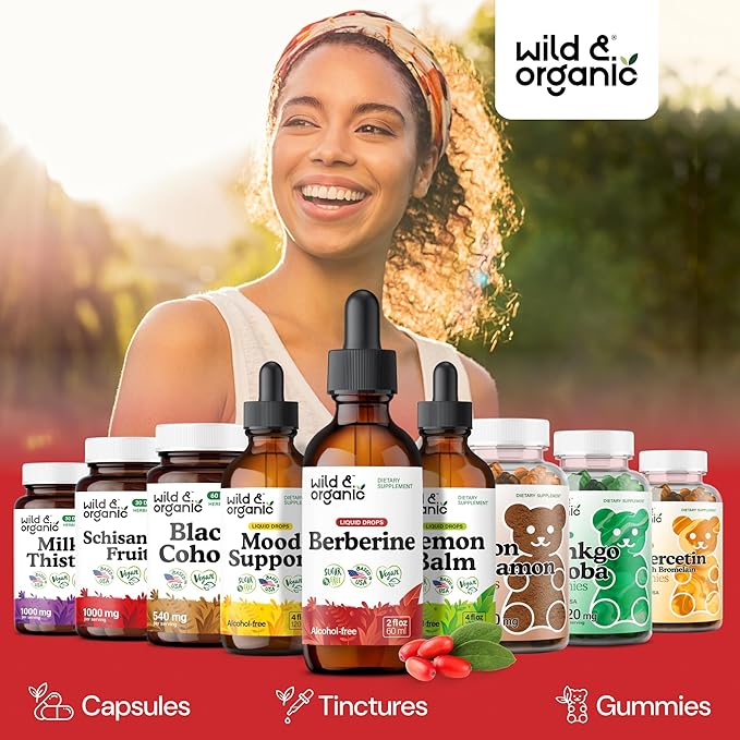 Wild & Organic Berberine Supplement 500mg - Antioxidant Support - HCL Berberine Liquid Drops - Add to Tea Tincture - Berberis Aristata Bark Extract - Vegan, Alcohol & Sugar-Free - 2 fl oz