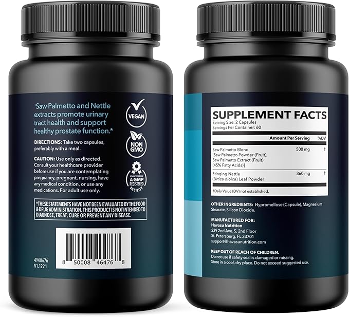 Saw Palmetto with Stinging Nettle Capsules - 2X Prostate Support Supplement for Men’s Health - 120 Count - DHT Blocker for Urinary Tract Function and Hair - Vegan, Non-GMO - 2 Month Supply