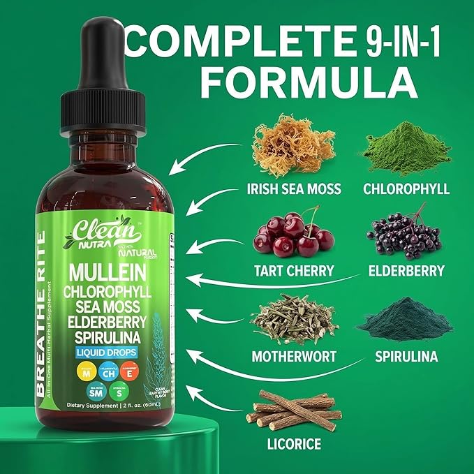 Mullein Drops for Lungs Liquid Chlorophyll Mullein Leaf Extract Supplement Elderberry Sea Moss Spirulina Chlorella Lobelia Marigold Licorice Marshmallow Lung Detox Cleanse Tincture Men Women 2 fl oz