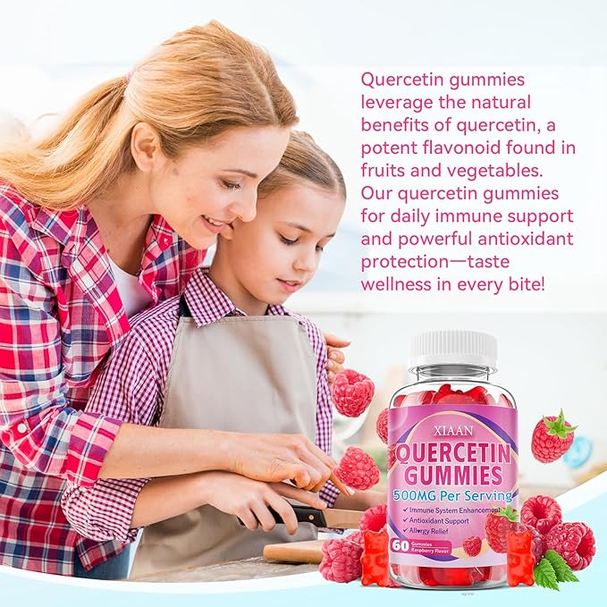 Quercetin Gummies 500mg for Kids & Adults, Organic Quercetin Supplements with Bromelain Zinc Vitamin C and D3 Support Antioxidant & Immune System Health, Strawberry Flavor 120 Count