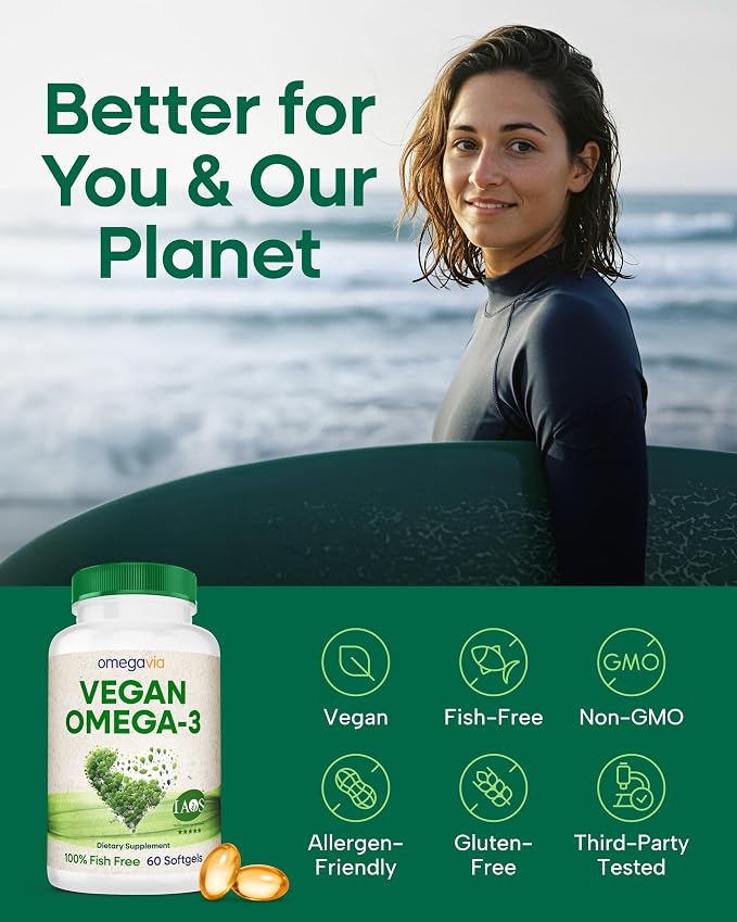 OmegaVia Vegan Omega 3 Supplement, Algae Omega 3 Fish Oil Alternative, 300mg Vegan DHA Fatty Acids, Plant Based, Planet and Ocean Friendly, IAOS 5 Star Tested, 60 Softgels