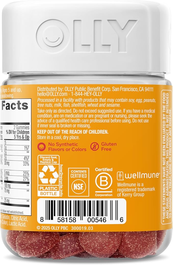 OLLY Kids Immunity Gummy, Immune Support, Wellmune, Elderberry, Vitamin C, Zinc, Chewable Supplement, Cherry - 50 Count