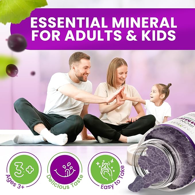 Iron Gummies with Vitamin C for Adults & Kids - Chewable Iron Supplement for Iron Deficiency Anemia, Red Blood Cell Support, Energy, Immune Function, Brain Health, Max Absorption, Grape Flavor, Vegan