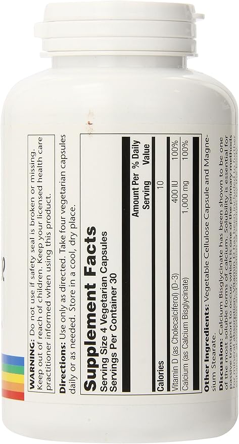 SOLARAY Calcium Bisglycinate Supplement 1000 mg for Women & Men - Calcium with Vitamin D3, Bone Strength & Teeth Health Support, Chelated Capsules, Easy to Digest - 120 Veg Cap Count