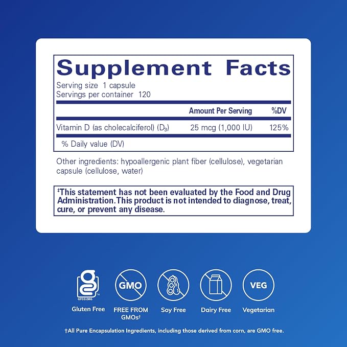 Pure Encapsulations Vitamin D3 25 mcg (1,000 IU) - Supplement to Support Bone, Joint, Breast, Heart, Colon & Immune Health* - with Premium Vitamin D - 120 Capsules