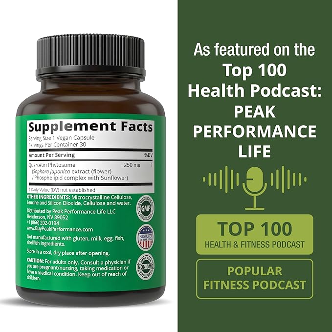 Peak Performance Ultra Pure Quercetin Phytosome Vegan Capsules - Rich Sophora Japonica Extract for Max Absorption Now. Quercetin 250mg Supplement Capsules. Made in USA
