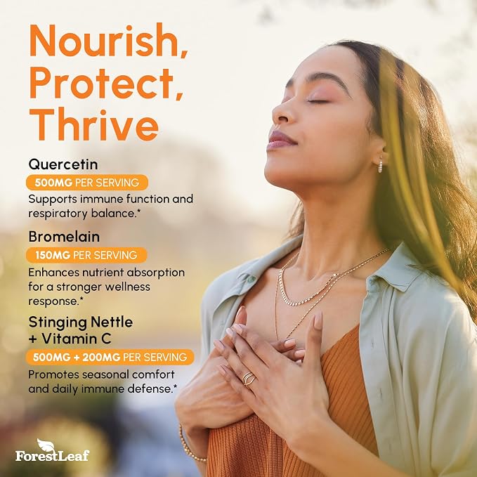 ForestLeaf Quercetin with Bromelain 1350mg - Blend with Vitamin C & Stinging Nettle Supplement, Quercetin 500mg Capsules, Non-GMO Gluten Free, Natural Function, 90 Veggie Caps
