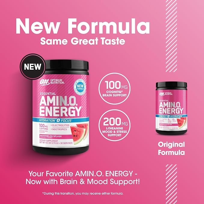Optimum Nutrition Amino Energy Powder Plus Focus, with BCAA, Electrolytes, and Caffeine, Watermelon, 30 Servings (Packaging May Vary)