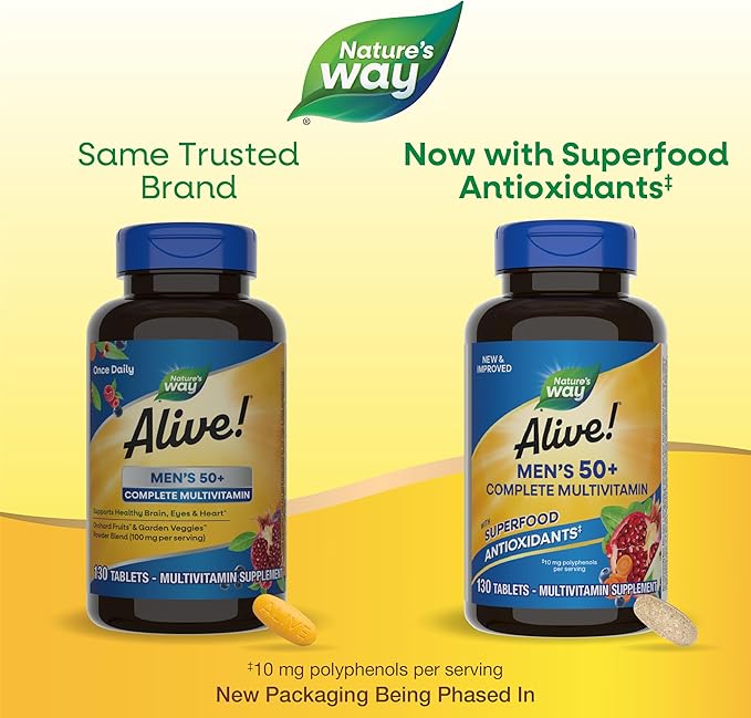 Nature’s Way Alive! Men’s 50+ Complete Multivitamin, Supports Multiple Body Systems*, Supports Cellular Energy*, High Potency B-Vitamins, Gluten-Free, 130 Tablets (Packaging May Vary)