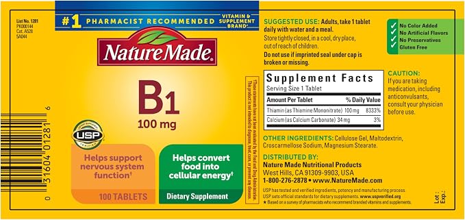 Nature Made Vitamin B1 100mg, Thiamine B1 Supplement for Energy Metabolism Support, 100 Tablets, 100 Day Supply