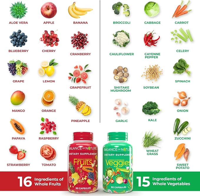 Balance of Nature Fruits & Veggies Supplements - Whole Fruit and Vegetable Ingredients for Women, Men, and Kids - 90 Fruits Capsules, 90 Veggies Capsules - 1 Set