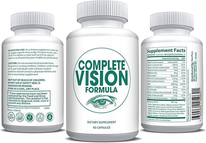 Pure Eye Health Vitamin & Mineral Supplements for Adults | Complete Research Vision Formula w/Bilberry, Lutein, Zeaxanthin, Lycopene, Resveratrol 60 Caps (3 Pack)