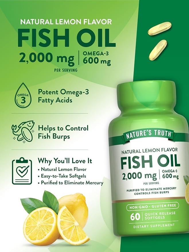 Nature's Truth Fish Oil Omega 3 Supplement | 2000mg | 60 Softgels | EPA & DHA | Lemon Flavor | Non-GMO and Gluten Free