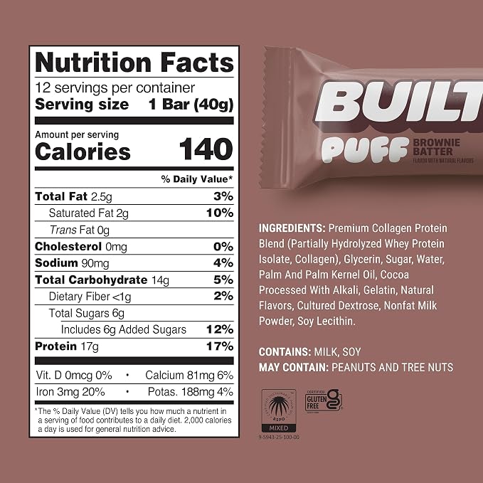 BUILT Puff Protein Bars, Brownie Batter, 17g Protein - 12 Count | Protein Snack Bar with Collagen, Calorie Conscious, Gluten Free