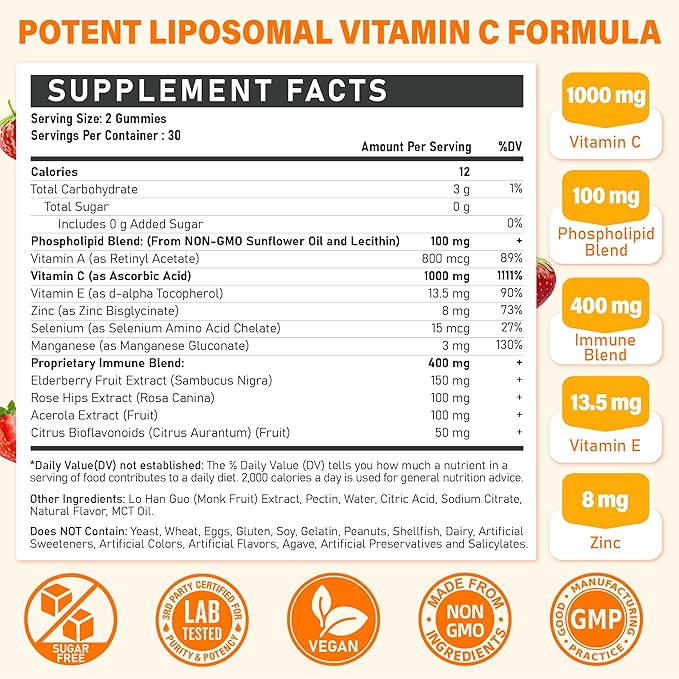 Liposomal Vitamin C Gummies 1000mg for Adults: Vitamin C Chewable Gummy with Zinc, Elderberry, Vitamins A & E