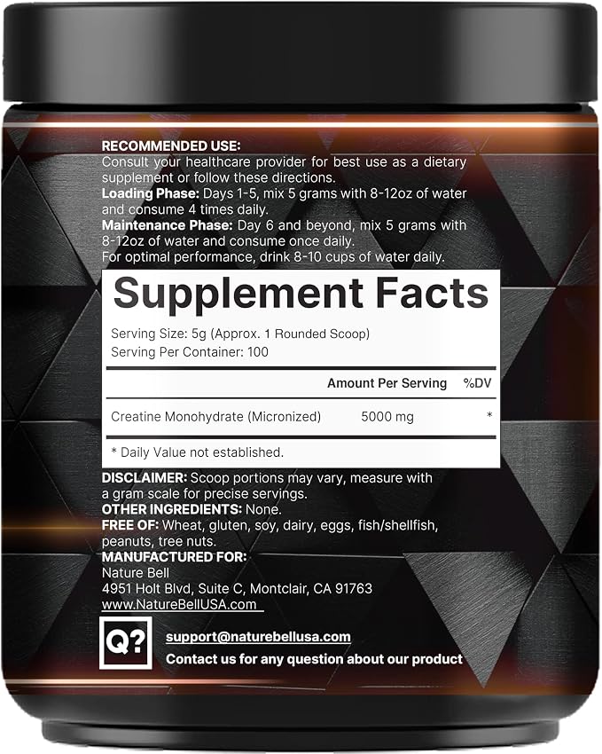 NatureBell 2 Pack Instant Creatine Monohydrate Powder 500g, 5,000mg Per Serving | Micronized, Pure, & Unflavored | Pre-Workout | Keto, Vegan, Filler-Free | 200 Servings (2.2 lb)