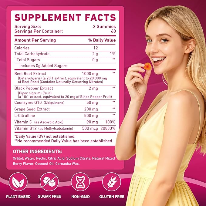 Beetroot Gummies - Beet Root for High Blood Pressure Supplements with Grape Seed Extract + CoQ10 + Black Pepper Extract + L-Citrulline + Vitamin C B12 Ultimate Heart for Blood Flow & Energy, 120 Count