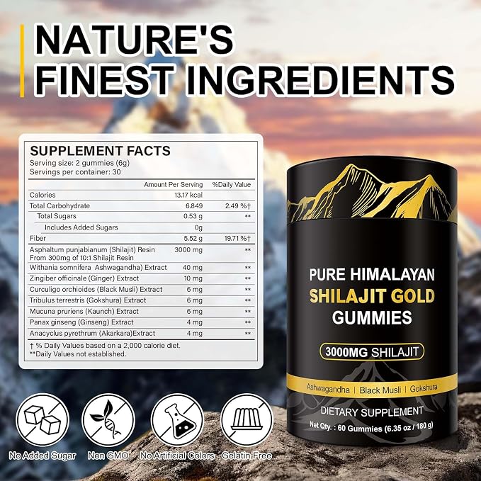 Shilajit Gummies, 3000mg Himalayan Shilajit Gold Gummies with Ashwagandha,Black Musli, Gokshura for Men & Women, Non-GMO & Gelatin Free, 60-Count