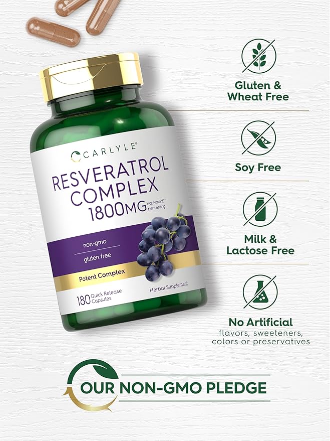 Carlyle Resveratrol Complex - 180 Capsules - Trans Resveratrol Supplement with Grape Seed Extract - Non GMO, Gluten Free