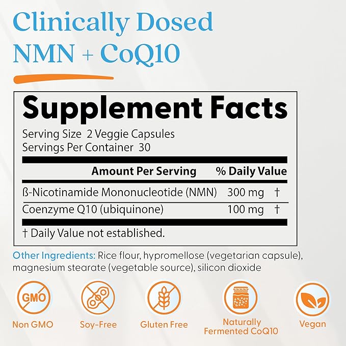 Doctor's Best NMN + CoQ10 Supplement for Women & Men - Supports NAD+ Production & Cellular Energy, Beta Nicotinamide Mononucleotide 150 mg & Coenzyme Q10 50 mg per Capsule, Vegan, Non GMO- 60 Veg Caps
