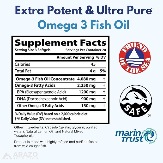 Arazo Nutrition Wild Caught Omega-3 Fish Oil Concentrate – 4,080mg per Serving – High EPA 1200mg & DHA 900mg – 60 Burpless Lemon Softgels