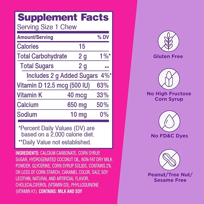 Viactiv Calcium + Vitamin D Supplement Soft Chews for Women & Men - Chewable Calcium for Bone Health Support, 650 mg per Serving, Vitamin D & K for High Absorption - 60 Count, Caramel