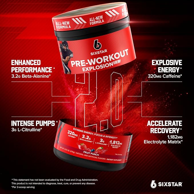Six Star Pre-Workout Powder for Men & Women, Fruit Punch (30 Servings) - Preworkout Explosion 2.0 Energy Powder Drink Mix with Beta-Alanine & Caffeine - Sports Nutrition Supplement Products